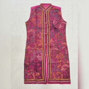 Unisex Kantha Stitch Work Pure Tussar Silk Handmade Jacket/Coat | Pink Rose Art Coat