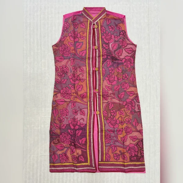 Unisex Kantha Stitch Work Pure Tussar Silk Handmade Jacket/Coat | Pink Rose Art Coat