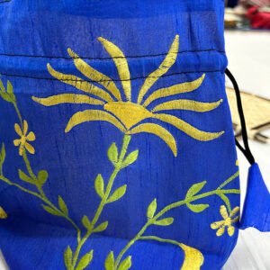 Handmade Traditional Style Botua Bag | Pure Silk Material | Blue Bag with green and yellow flower and leaf | BG8