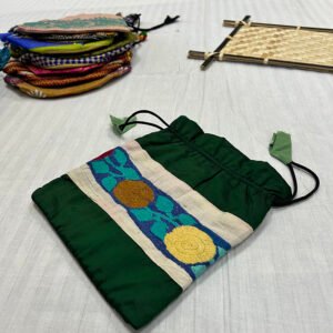 Handmade Traditional Style Side Bag | Pure Silk Material | Green with Flower and Leaf Design | BG7