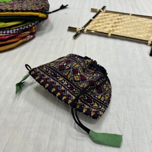 Handmade Traditional Style Botua Bag | Pure Silk Material | Dark Blue with colorful stitches | BG4