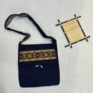 Handmade Traditional Style Side Bag | Blue bag with subtle alpona art | BG2