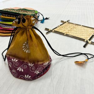 Handmade Traditional Style Botua Bag | Pure Silk Material | Off Yellow and Red bag with white stitches | BG3