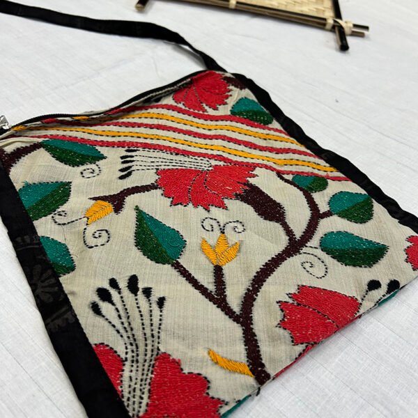 Handmade Traditional Style Side Bag | Tussar Material | Flower and Leaves Bag | BG1 - Image 2