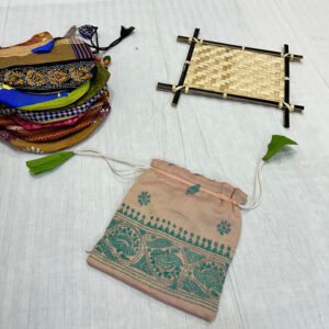 Handmade Traditional Style Side Bag | Pure Silk Material | Khaki bag with Green stitches | BG9