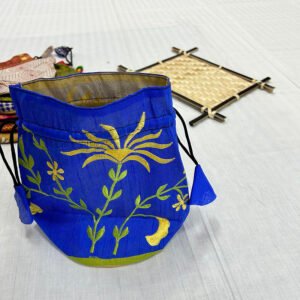Handmade Traditional Style Botua Bag | Pure Silk Material | Blue Bag with green and yellow flower and leaf | BG8