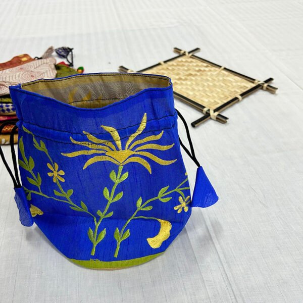 Handmade Traditional Style Botua Bag | Pure Silk Material | Blue Bag with green and yellow flower and leaf | BG8