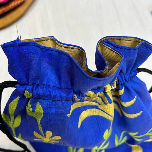 Handmade Traditional Style Botua Bag | Pure Silk Material | Blue Bag with green and yellow flower and leaf | BG8 - Image 3