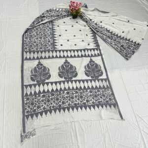 Hand stitch Kantha Saree | Blended Silk | Blouse Piece included | Black stripe flower design on white
