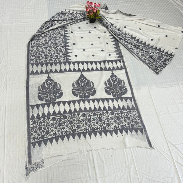 Hand stitch Kantha Saree | Blended Silk | Blouse Piece included | Black stripe flower design on white - Image 2