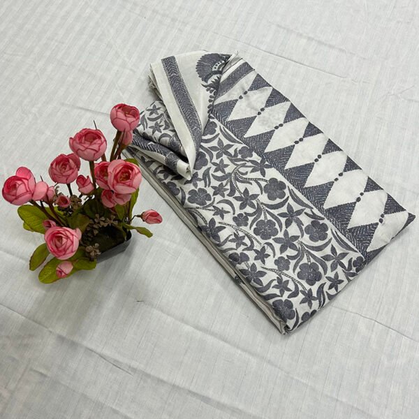 Hand stitch Kantha Saree | Blended Silk | Blouse Piece included | Black stripe flower design on white