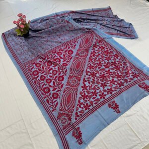 Hand stitch Kantha Saree | Blended Silk | Deep Sky Blue Floral Alpona Embroidery