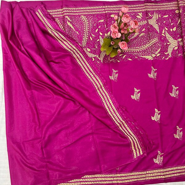 Hand stitch Kantha Saree | Blended Silk | Pink Floral Alpona Embroidery - Image 3