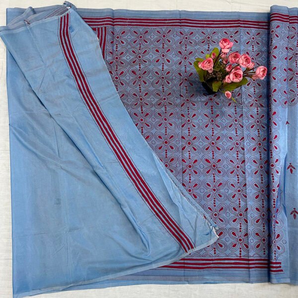Hand stitch Kantha Saree | Blended Silk | Deep Sky Blue Floral Alpona Embroidery - Image 4