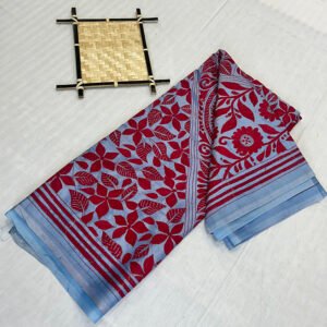Hand stitch Kantha Saree | Blended Silk | Deep Sky Blue Floral Alpona Embroidery