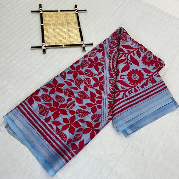 Hand stitch Kantha Saree | Blended Silk | Deep Sky Blue Floral Alpona Embroidery