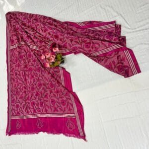 Hand stitch Kantha Saree | Blended Silk | Pink Floral Alpona Embroidery