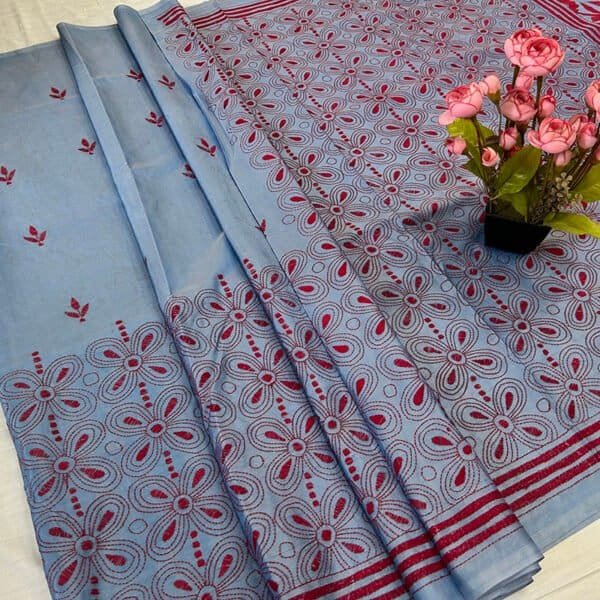 Hand stitch Kantha Saree | Blended Silk | Deep Sky Blue Floral Alpona Embroidery - Image 3
