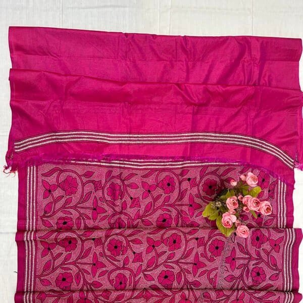 Hand stitch Kantha Saree | Blended Silk | Pink Floral Alpona Embroidery - Image 3