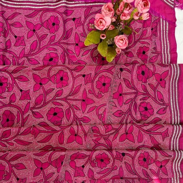Hand stitch Kantha Saree | Blended Silk | Pink Floral Alpona Embroidery - Image 4