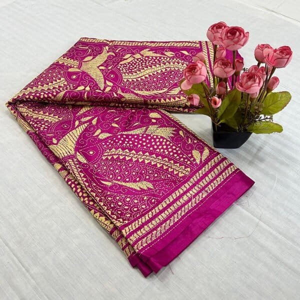 Hand stitch Kantha Saree | Blended Silk | Pink Floral Alpona Embroidery