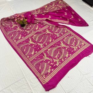 Hand stitch Kantha Saree | Blended Silk | Pink Floral Alpona Embroidery