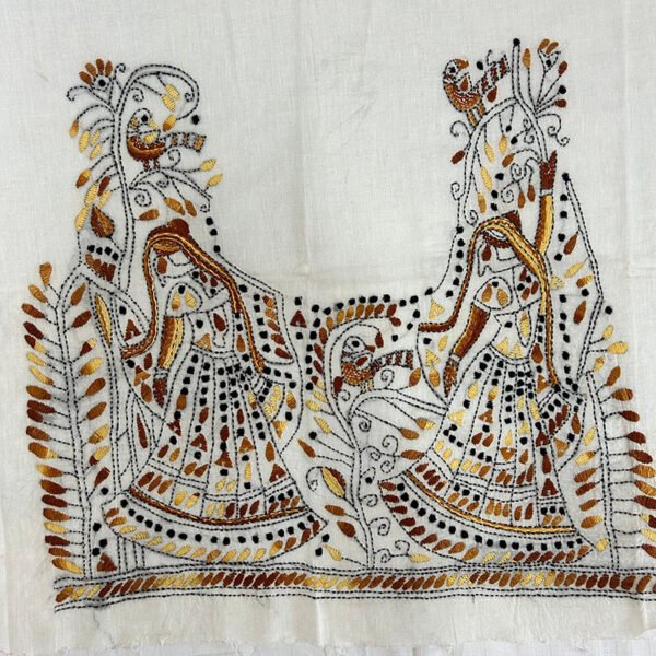 Kantha Stitch Work Handmade White Blouse Piece with embroidery pattern - Image 2
