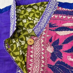 Unisex Kantha Stitch Work Handmade Jacket/Coat | Tri-Color Blue Pink | Floral Art
