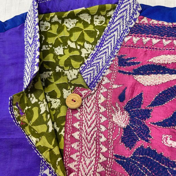 Unisex Kantha Stitch Work Handmade Jacket/Coat | Tri-Color Blue Pink | Floral Art - Image 2