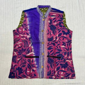 Unisex Kantha Stitch Work Handmade Jacket/Coat | Tri-Color Blue Pink | Floral Art