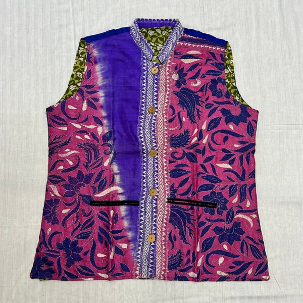 Unisex Kantha Stitch Work Handmade Jacket/Coat | Tri-Color Blue Pink | Floral Art