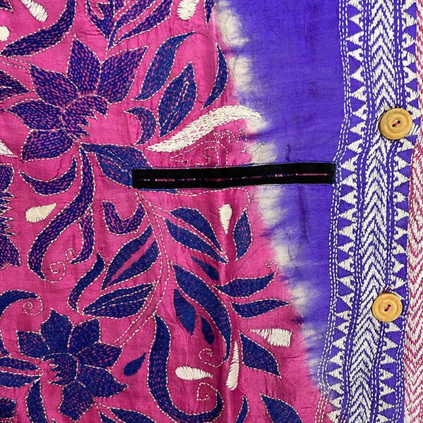 Unisex Kantha Stitch Work Handmade Jacket/Coat | Tri-Color Blue Pink | Floral Art - Image 3
