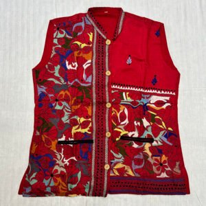 Unisex Kantha Stitch Work Handmade Jacket/Coat | Multicolor Pattern Design in Red | Leaf Art
