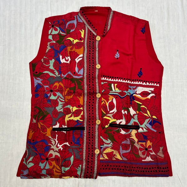 Unisex Kantha Stitch Work Handmade Jacket/Coat | Multicolor Pattern Design in Red | Leaf Art