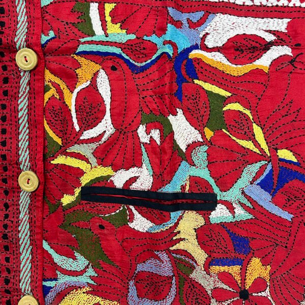 Unisex Kantha Stitch Work Handmade Jacket/Coat | Multicolor Pattern Design in Red | Leaf Art - Image 3