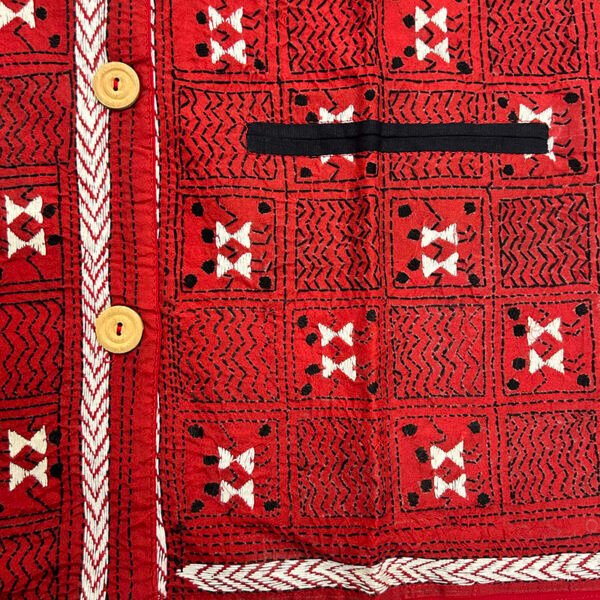 Unisex Kantha Stitch Work Handmade Jacket/Coat | Red in Color | Leaf Art - Image 3