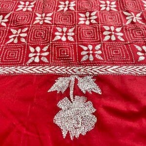 Handcrafted Mixed Silk Kantha Work Dupatta With | Red and White Pattern design