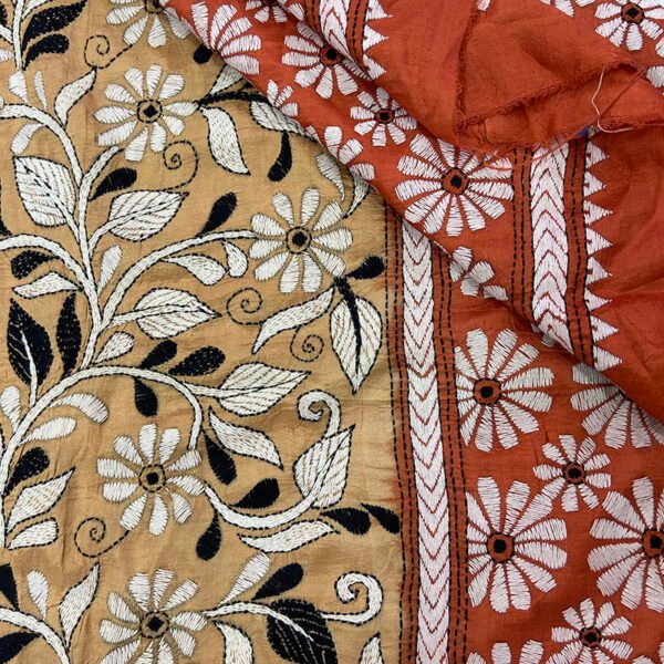 Handcrafted Bishnupuri Silk Kantha Work Dupatta With Dye | Orange and yellow flower pattern design - Image 2