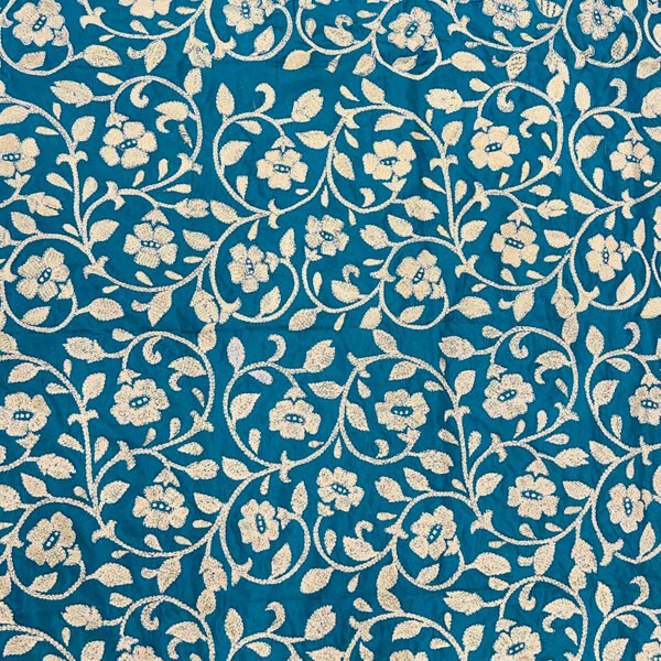 Handcrafted Mixed Silk Kantha Work Dupatta With | Blue and White Floral Pattern design - Image 2