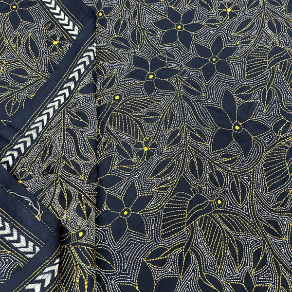 Handcrafted Mixed Silk Kantha Work Dupatta With | Dark Blue with Yellow Stitch Pattern design - Image 2