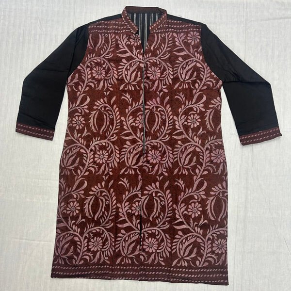 Unisex Kantha Stitch Work Pure Tussar Silk Handmade Jacket/Coat | Brown and Black Coat