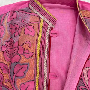Unisex Kantha Stitch Work Pure Tussar Silk Handmade Jacket/Coat | Pink Rose Art Coat