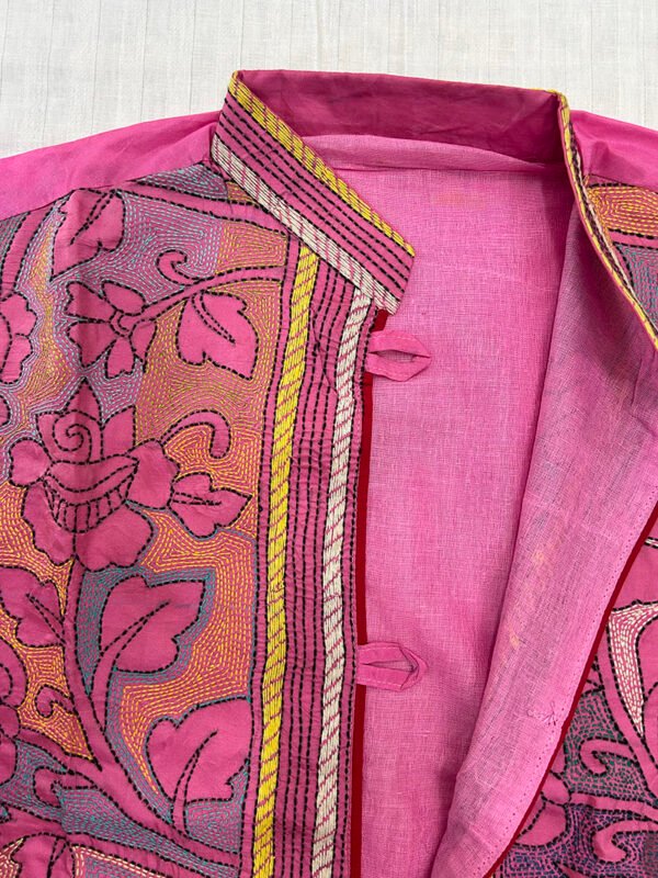 Unisex Kantha Stitch Work Pure Tussar Silk Handmade Jacket/Coat | Pink Rose Art Coat - Image 2