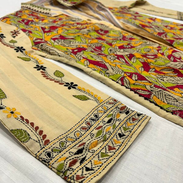 Unisex Kantha Stitch Work Pure Tussar Silk Handmade Jacket/Coat | Yellow in Color | Leaf Art - Image 3