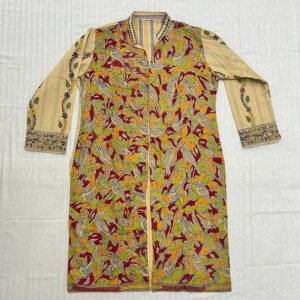 Unisex Kantha Stitch Work Pure Tussar Silk Handmade Jacket/Coat | Yellow in Color | Leaf Art