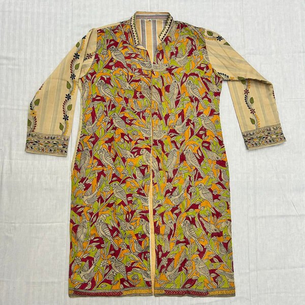 Unisex Kantha Stitch Work Pure Tussar Silk Handmade Jacket/Coat | Yellow in Color | Leaf Art