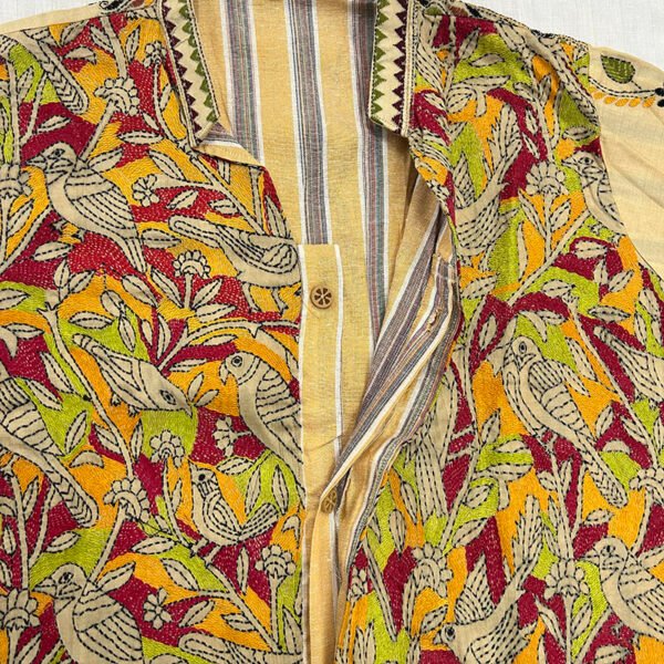 Unisex Kantha Stitch Work Pure Tussar Silk Handmade Jacket/Coat | Yellow in Color | Leaf Art - Image 2