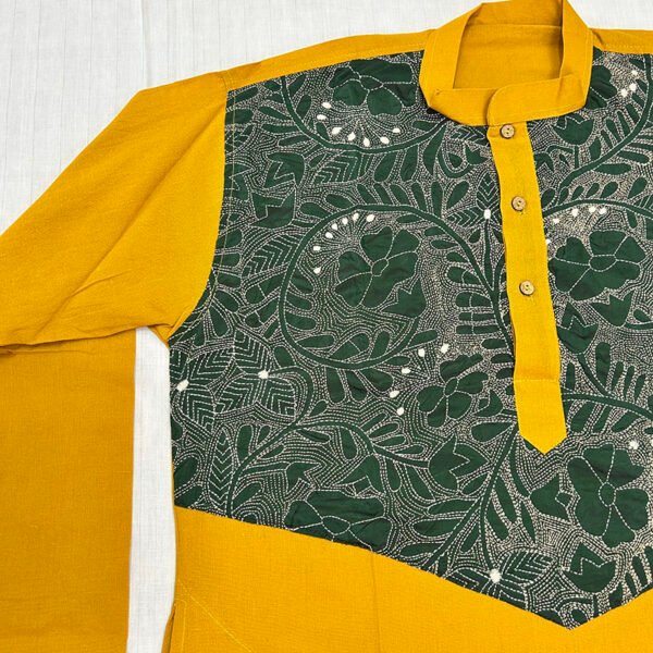 Hand-Stitched Kantha Work Kurta for Men | 100% Khadi Cotton | Yellow-Greenish floral-leaf design | K4 - Image 3