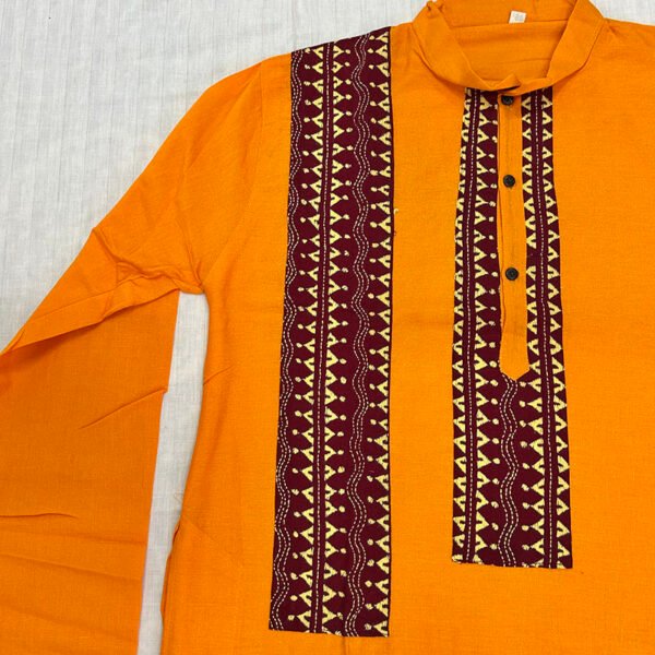 Hand-Stitched Kantha Work Kurta for Men | 100% Khadi Cotton | Gerua with Traditional design stripes | K5 - Image 3
