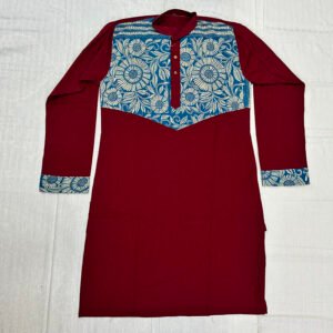 Hand-Stitched Kantha Work Kurta for Men | 100% Khadi Cotton | Floral Design on Red | K2